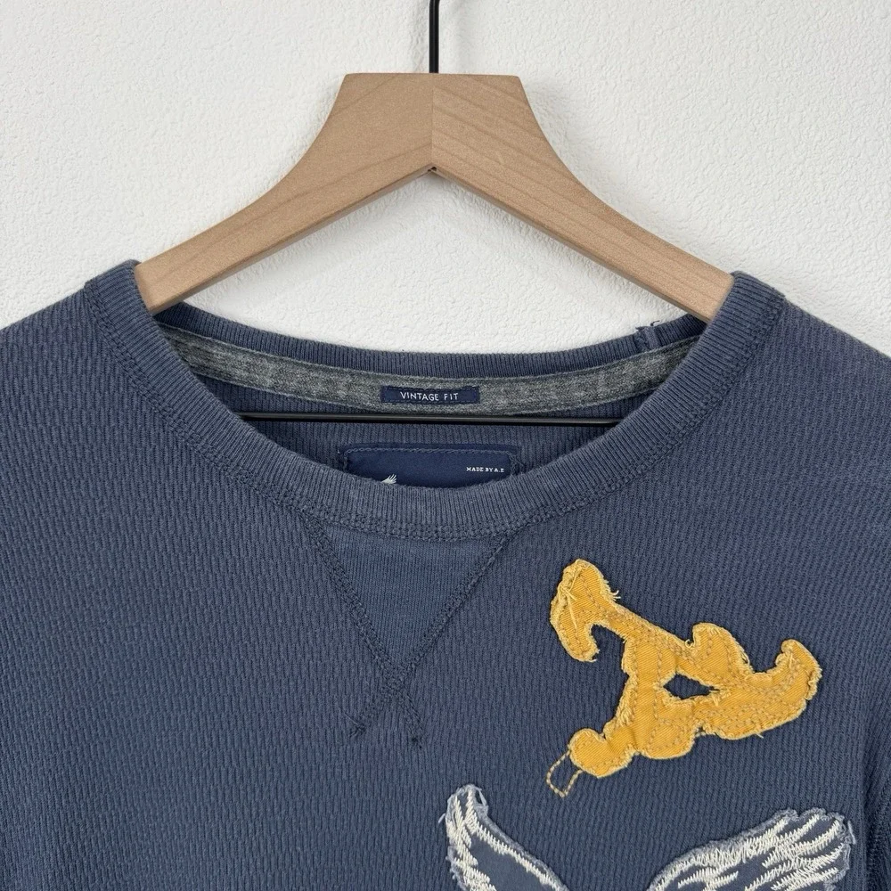American Eagle Shirt Mens XL Blue Thermal Crewneck Vintage Fit Y2K Pullover‎